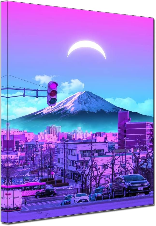 TAOMI Mount Fuji Under the Moon Purple Japan Landscape Poster for Living Room Wall Art Frame Japanese Fantasy Artwork Office Home Bathroom Décoration Canvas Print Ready to Hang 12x14inch