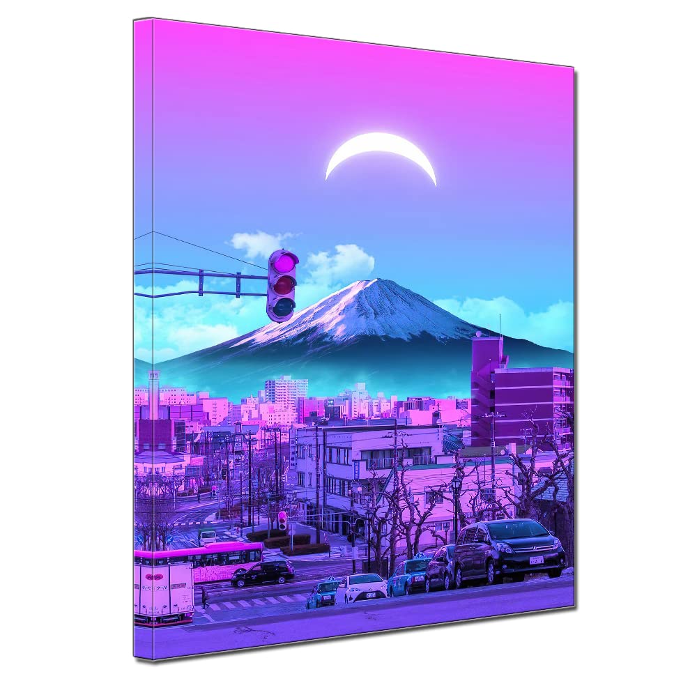 TAOMI Mount Fuji Under the Moon Purple Japan Landscape Poster for Living Room Wall Art Frame Japanese Fantasy Artwork Office Home Bathroom Décoration Canvas Print Ready to Hang 12x14inch