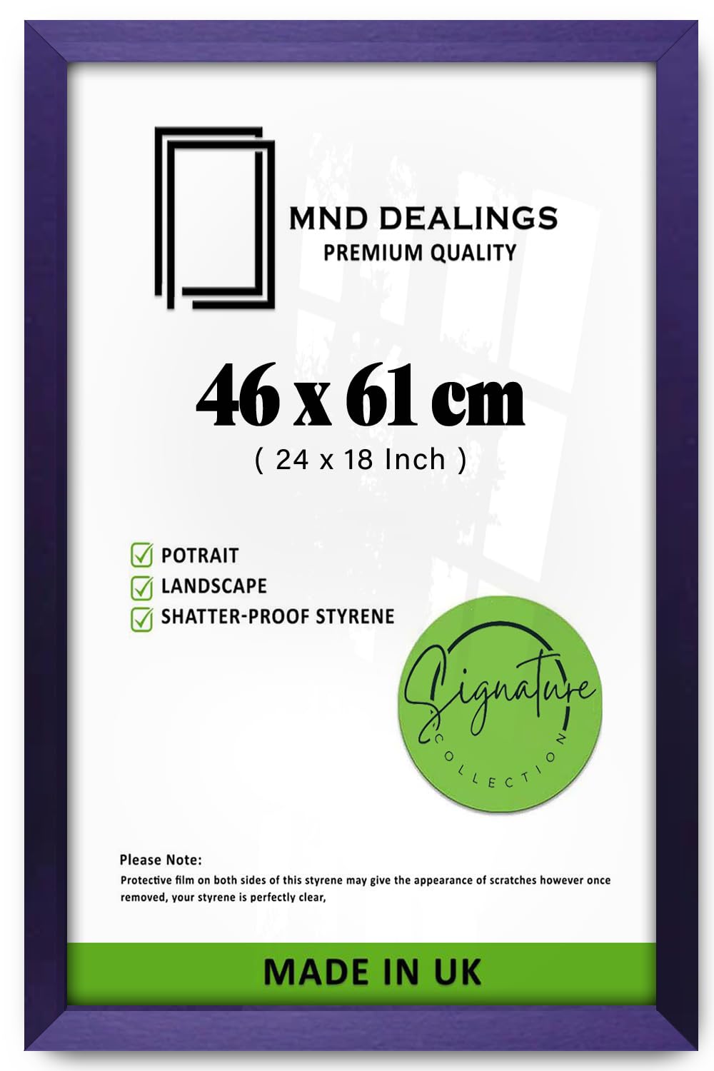 MND Dealings Purple Poster Frame 46 x 61cm -Picture Frame 18x24 inch Frame -MDF Wood HD Styrene-Horizontal Vertical Hanging- for Anniversary/Birthday/Wedding/Gift [46x61cm, Purple]