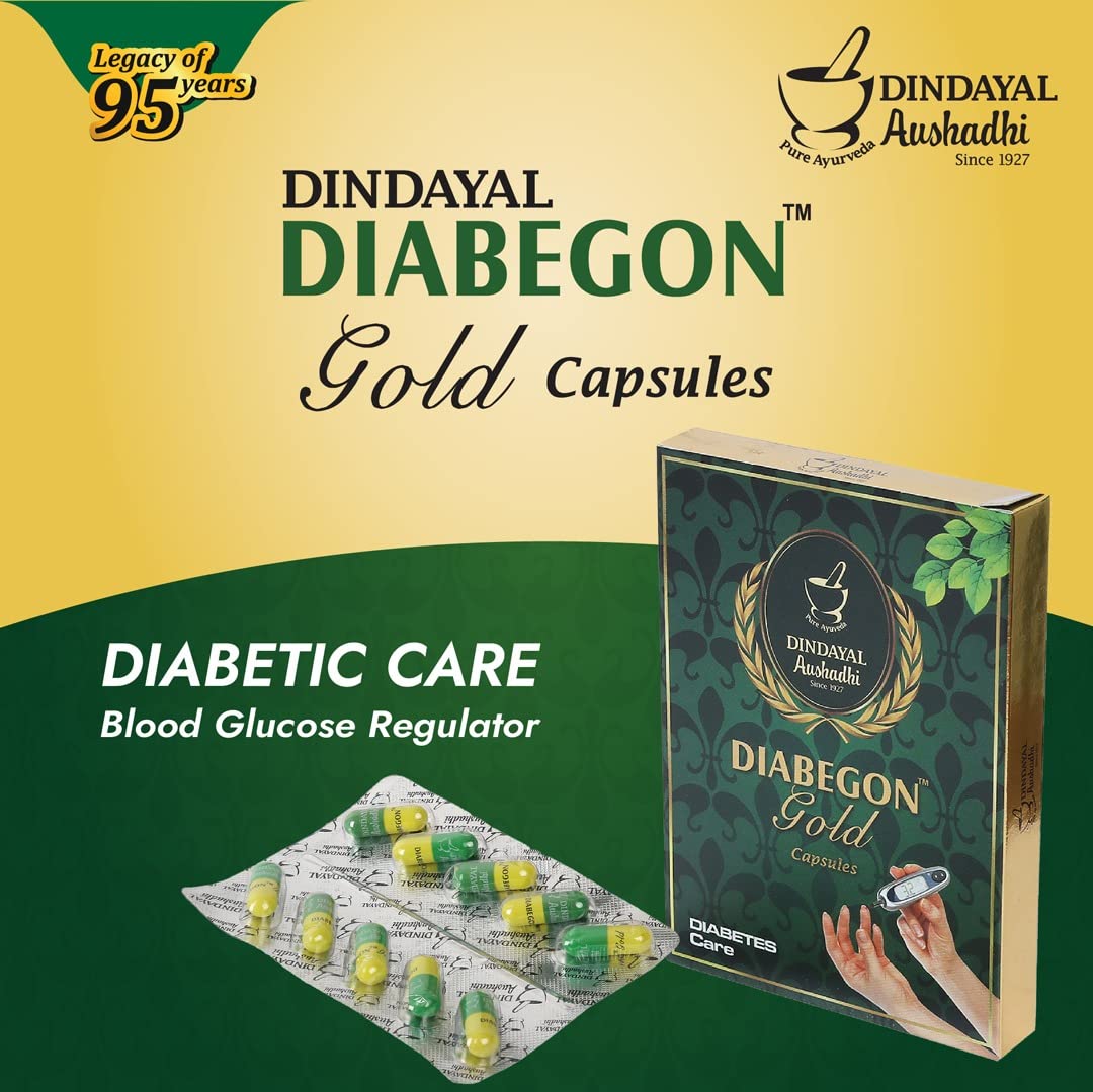 Dindayal Aushadhi - Diabegon Capsule Diabetic Care (Gold) - | Ayurvedic Diabetes Medicine - Sugar Medicine | Extracts with Bahera, Haritki, Amlaki, Pippali, Sunthi etc.| (Pack of 3 (30 Cap))