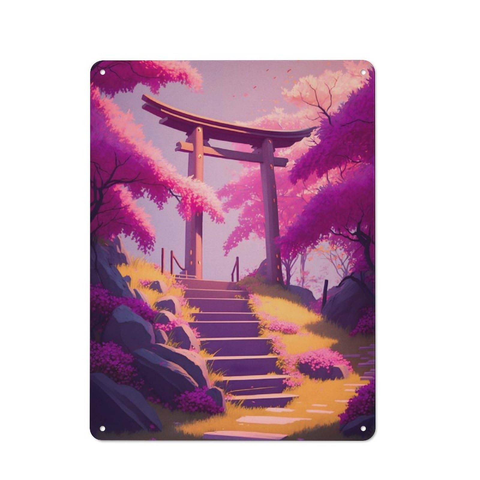 Junmoney Torii Gate And Cherry Blss For Lounge Or Reading Corner, Rustic Tin Sign 40X30cm, For Home Interiors, Feature Walls And Decorative Displays