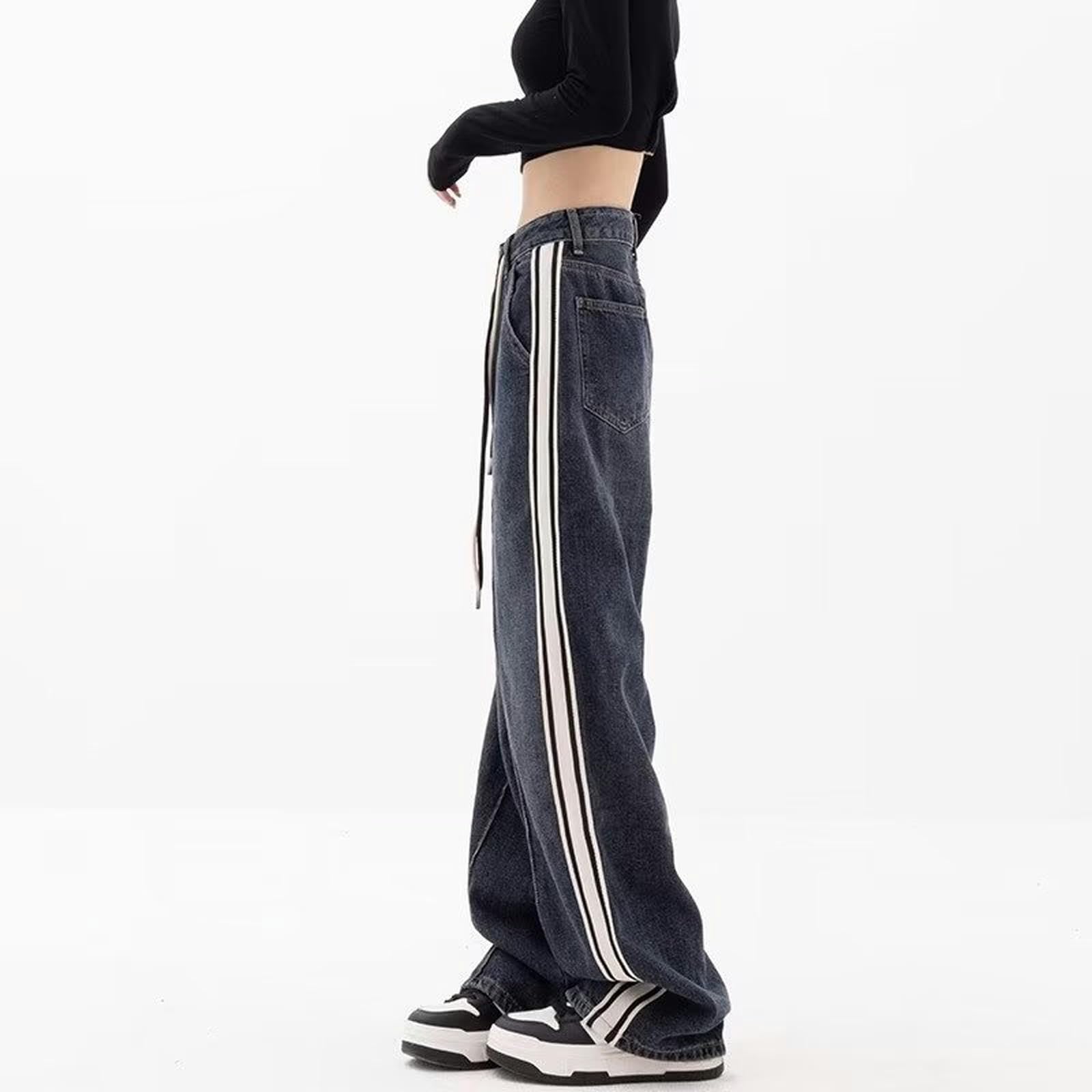 Vaqueros Retro Rectos con cordón de Talla Grande para Mujer en Primavera y Verano para Pantalones Anchos de Pierna Ancha a Rayas, Rectos, Sueltos, Lavados Oscuros, de mm gordos-Azul Gris-M