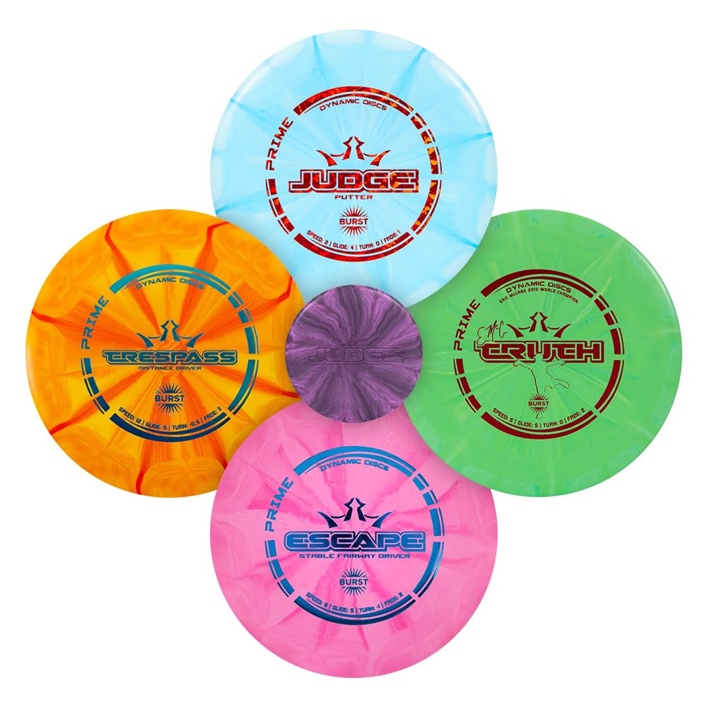 Dynamic Discs Prime Burst 4-Disc Golf Starter Set | Includes Putter, Midrange, Fairway & Driver + Mini Marker | Golf Discs Set for Beginners | 170-176g | Beginner Pack for Amateurs