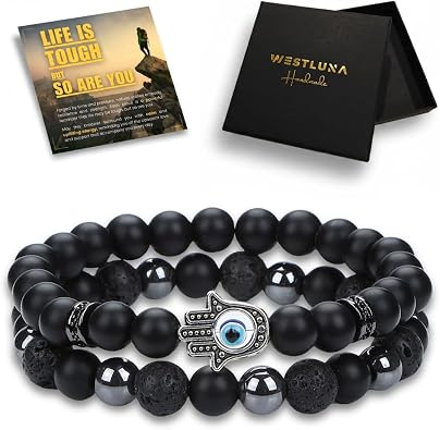 Mens Beaded Bracelets, Cross Bracelet for Men with Hematite Black Obsidian Lava Stone Triple Protection Bracelets for Men