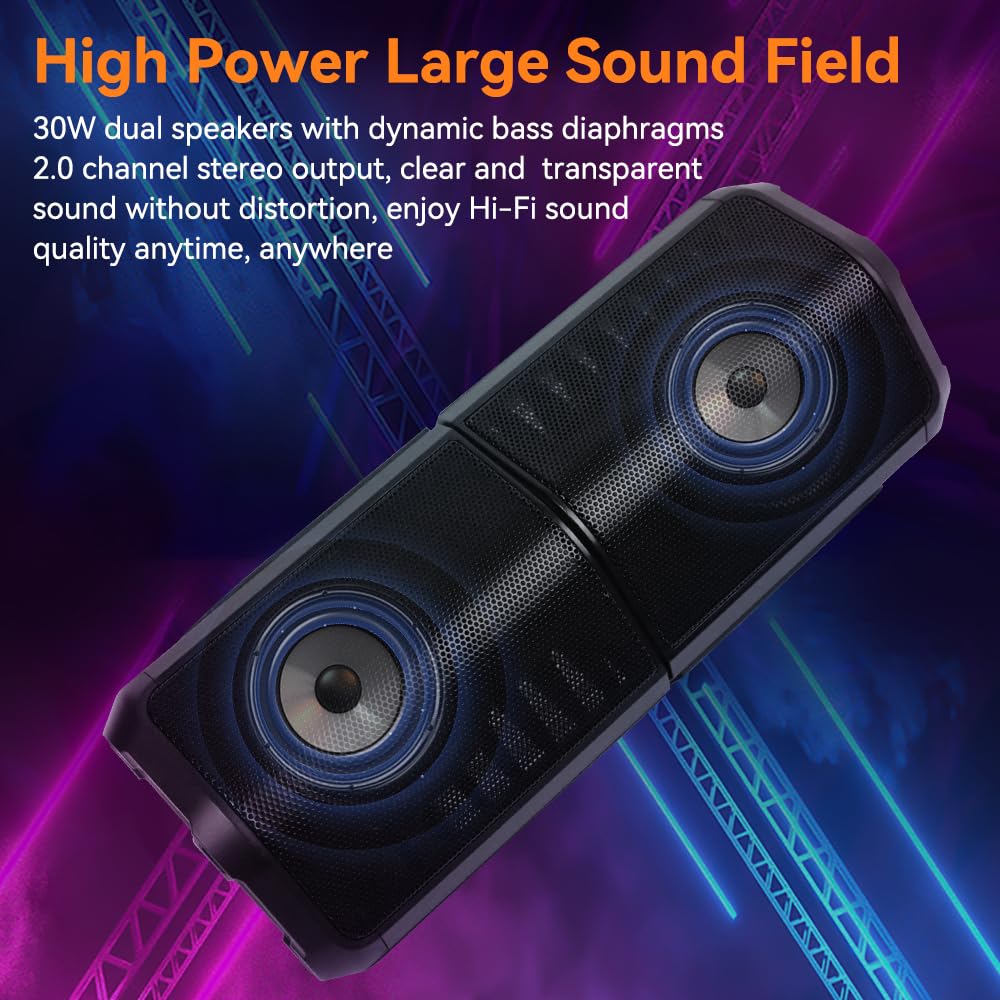 CYBORIS Altoparlante Bluetooth 2 in 1, suono stereo da 30 W, luce RGB, impermeabile, 24 ore di autonomia, Bluetooth 5.4, portatile, per attività all'aperto, viaggi e sport