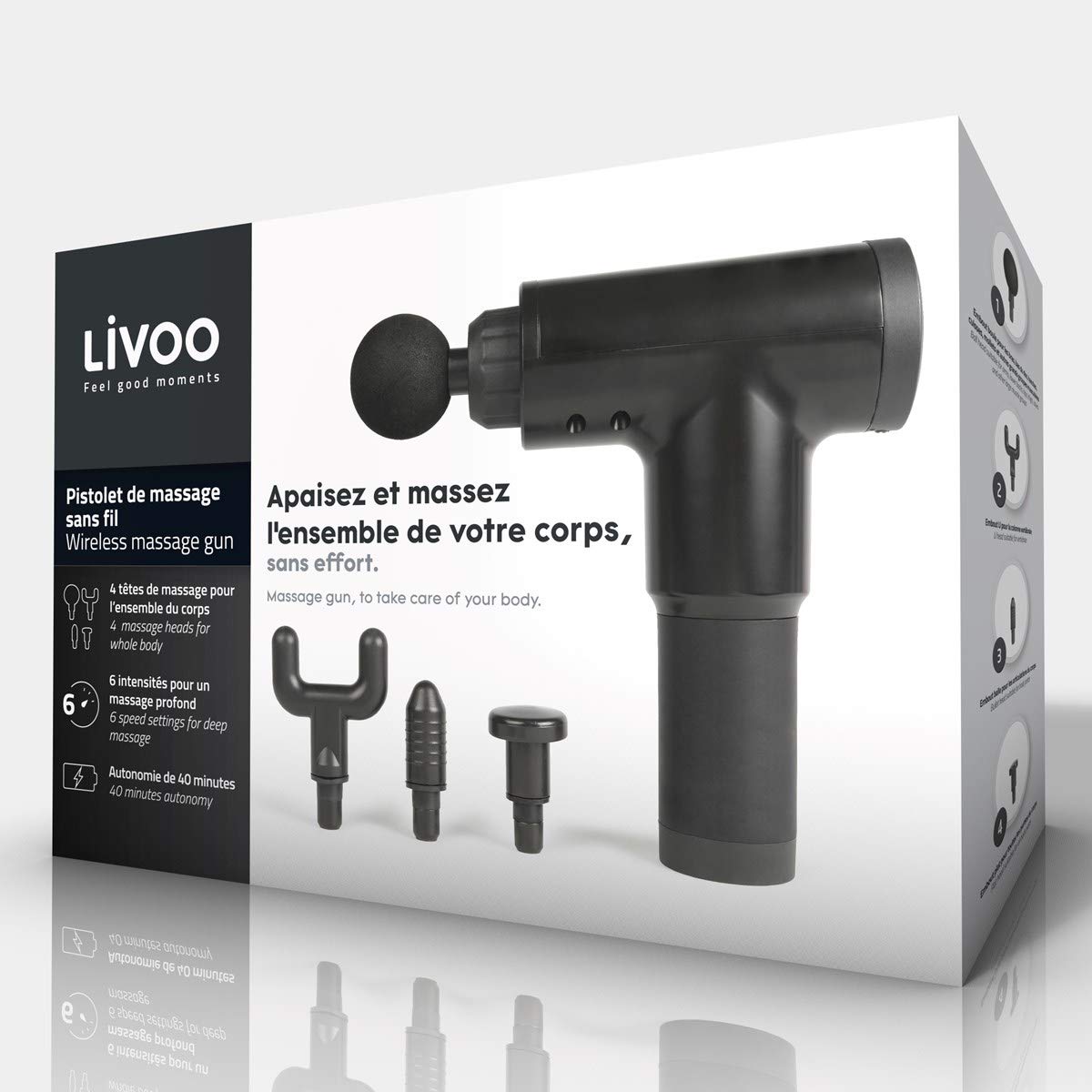 Livoo - Appareil de massage sans fil DOS178 – Massage Musculaire – 4 têtes de massage – 6 vitesses – Autonomie : 40 min