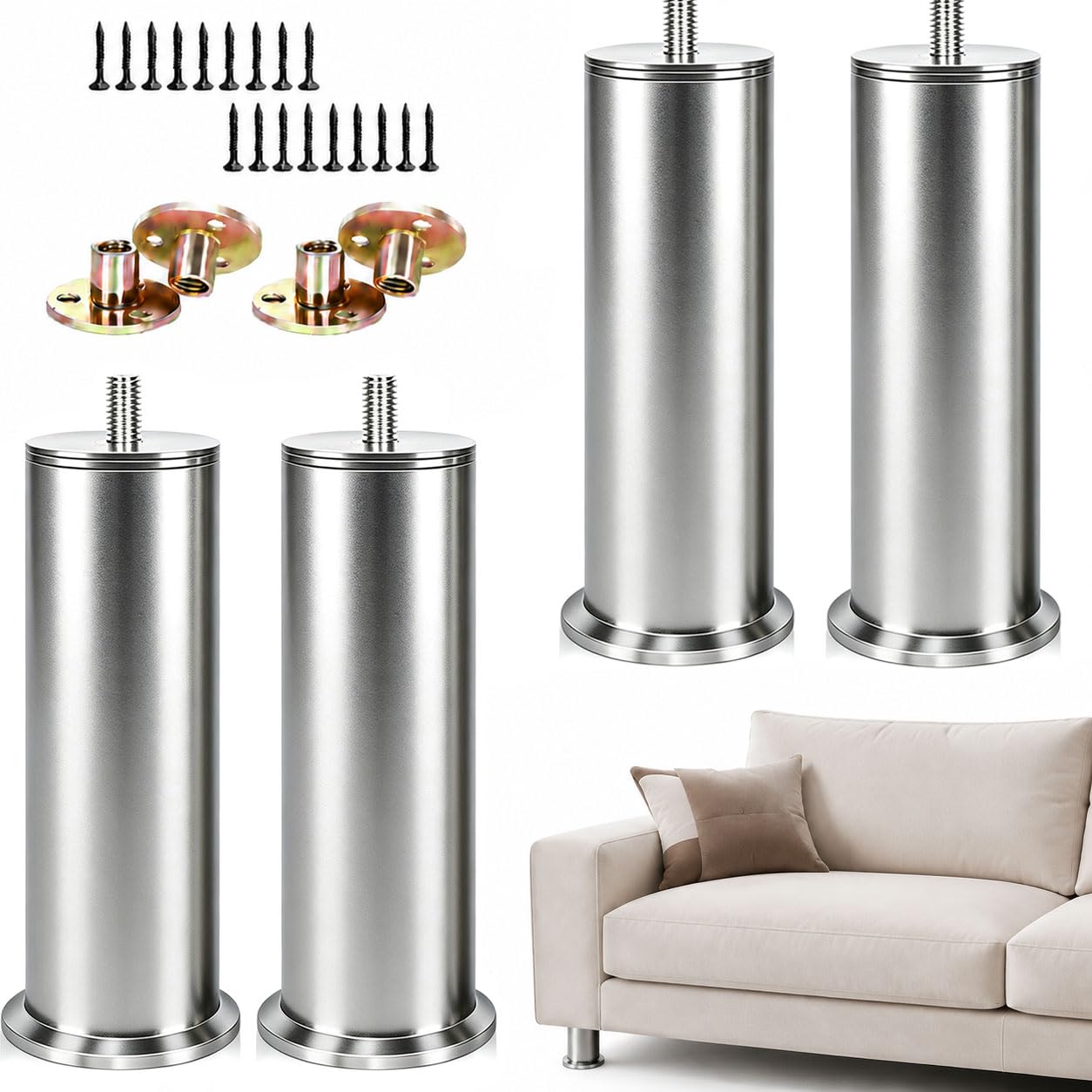 4 piedini per mobili in acciaio inox, gambe regolabili in altezza, gambe rotonde, per mobili, letto, divano, gambe di ricambio (M8, 10 cm)