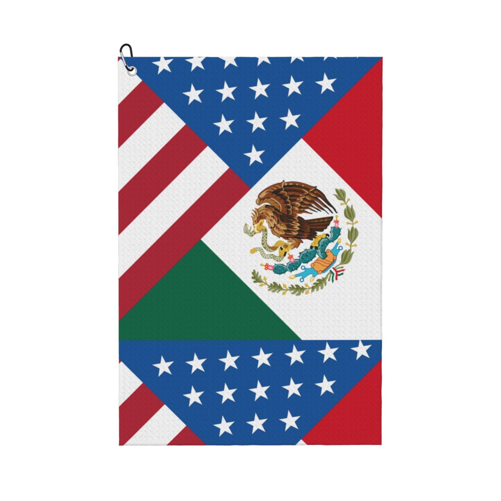peiyeety Mexico USA Friendship Flag Microfiber Golf Towel with Carabiner Clip, 16x24 Inch Absorbent Waffle Weave Towel for Golf Bags