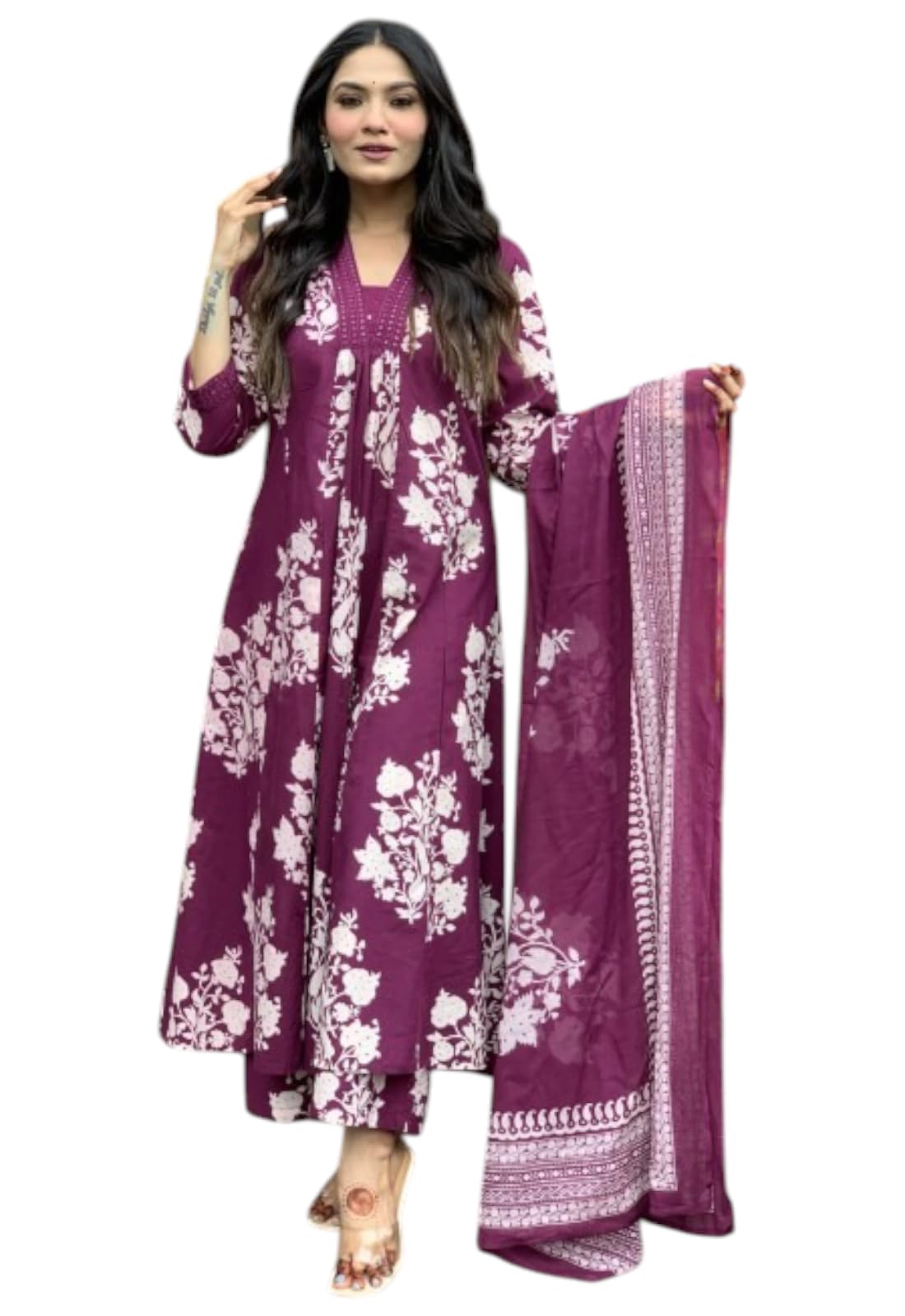 Women Viscose Rayon Floral Printed Stitched Kurta with Pant and Dupatta | Violet Color Kurta Set | Kurta with Pant & Dupatta Set for Woman | Printed Kurta Set-image-18