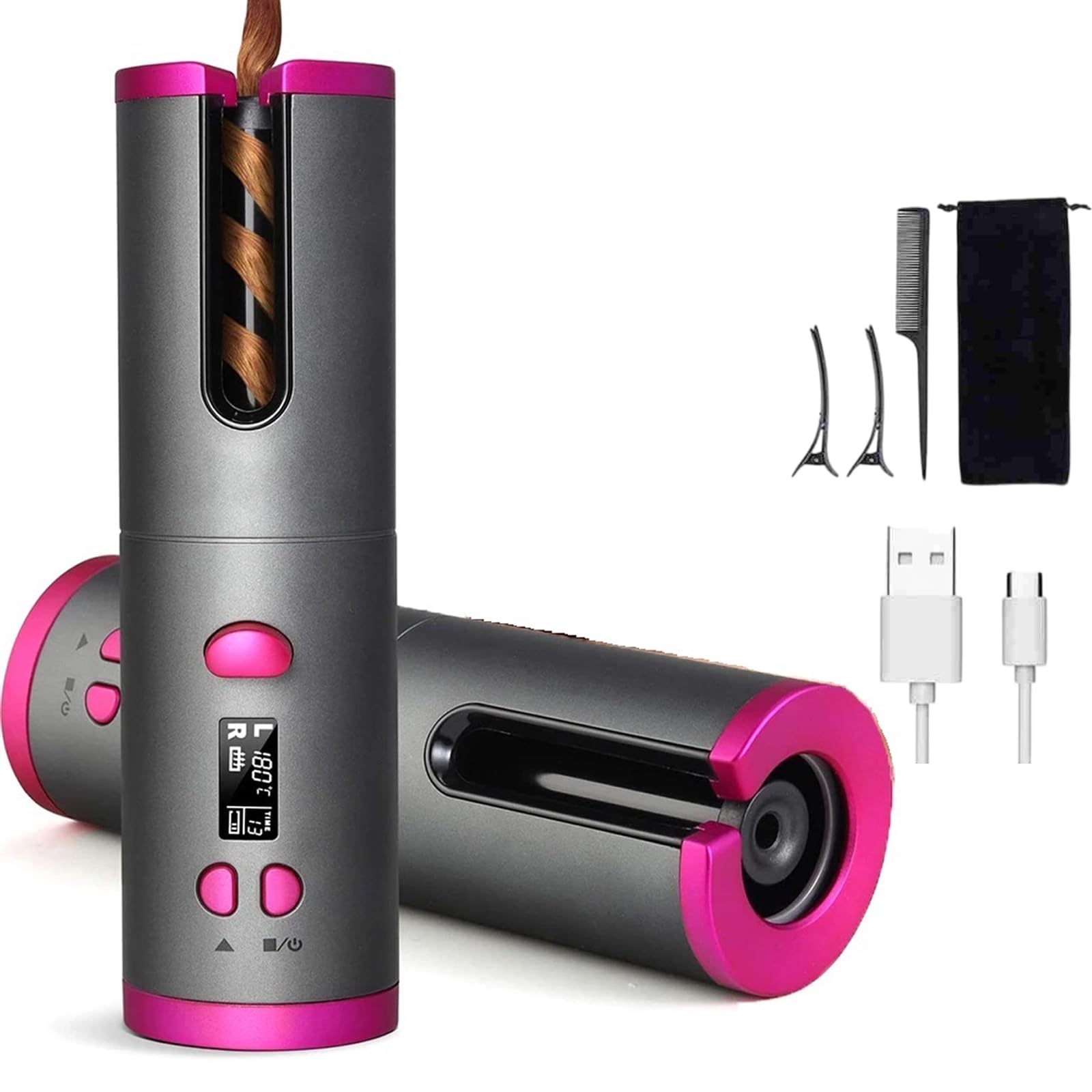 EMEBAY Fer à Friser Automatique Sans Fil, Boucleur à Cheveux Batterie Rechargeable 4000mAh, Bigoudi Anti-Brûlures avec Minuterie, Fer à Boucler Portable 6 Température Cheveux Longs et Courts