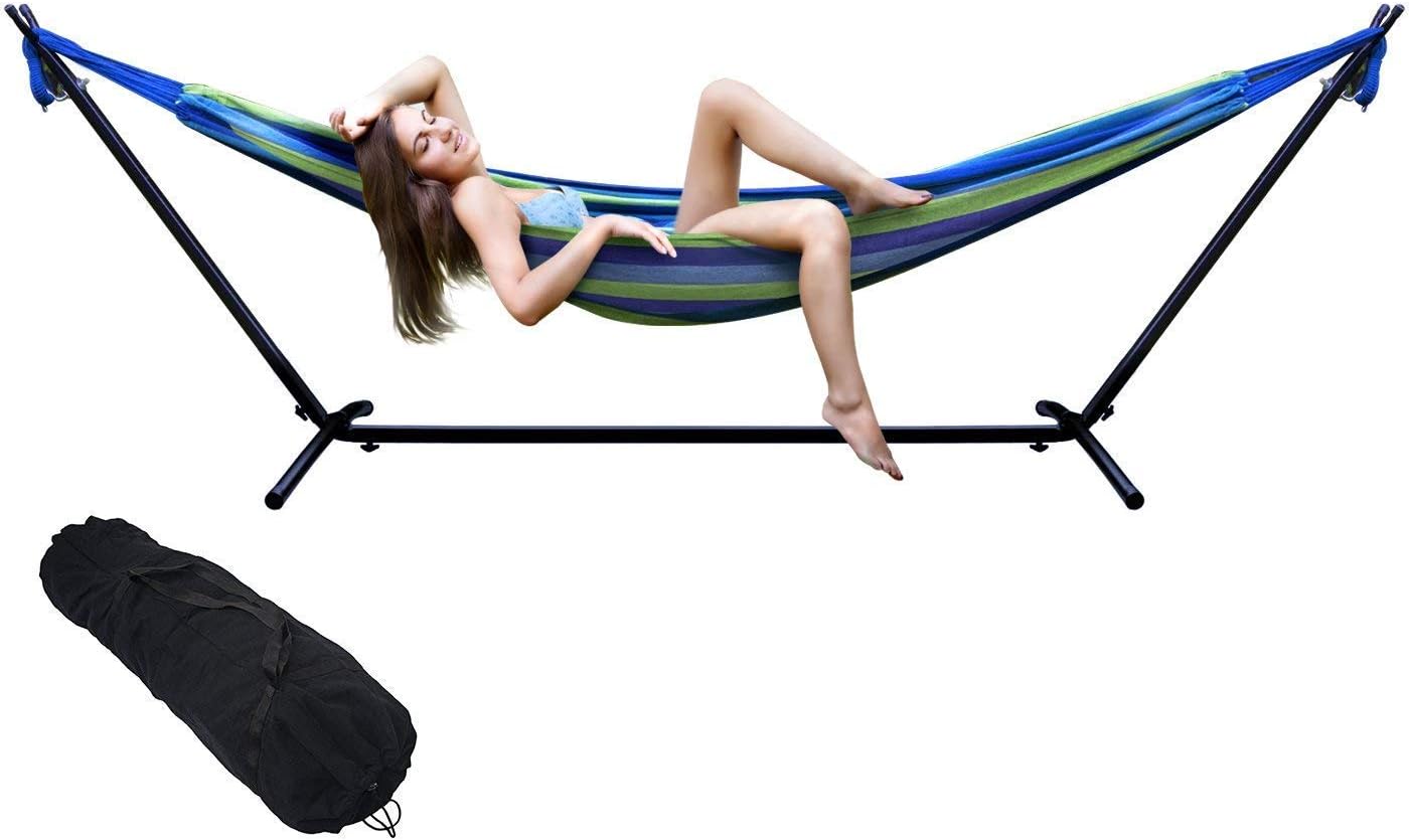 Double Hammock Two Person Adjustable Hammock Bed with Space Saving Steel Stand Includes Portable Carrying Case, Easy Set Up