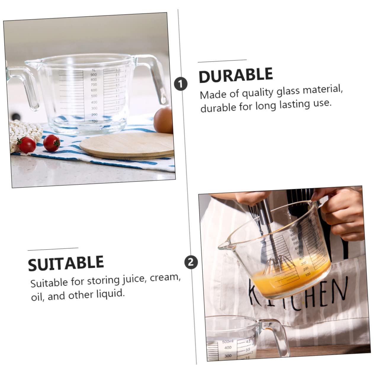 COLLBATH Tasse à Mesurer et Facile à Nettoyer Résistant la Chaleur en Verre avec Couvercle en Bois Réutilisable pour Mesurer Huile et Jus Cuisine