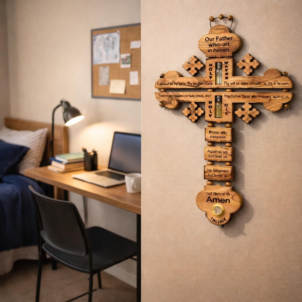 SAINT MICHAEL OLIVE WOOD FROM BETHLEHEM The Lord Prayer Our Father Prayer Wooden Wall Cross - Wall Hanging Religious Décor with The Lord's Prayer Cross, with Holy Water, Holy Oil