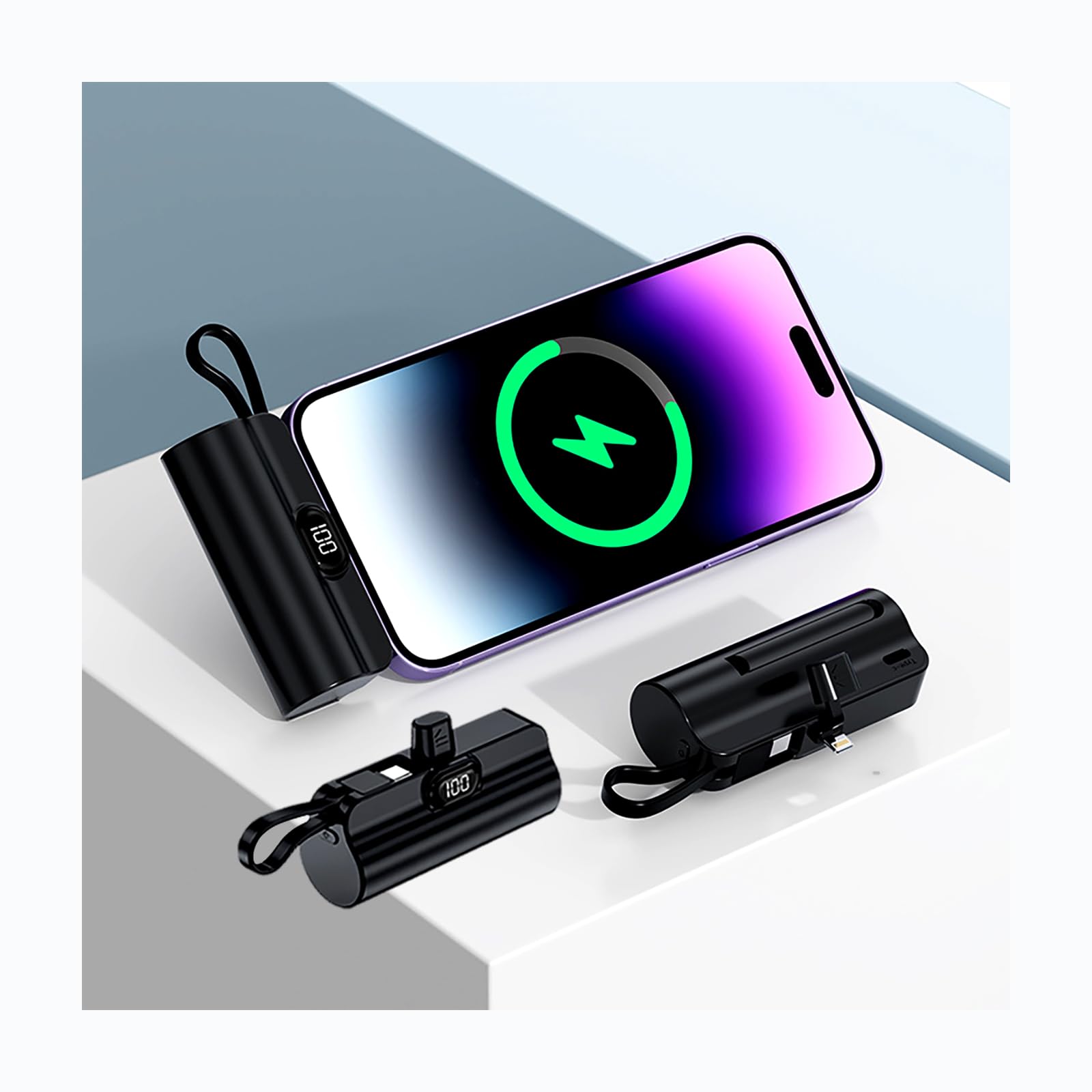 DHB tech Mini Power Bank 5000mAh - 20W Fast Charging USB-C Portable Charger, Foldable 2-in1 Cord & Lanyard, Pocket-Sized Travel Essential for All Phones (Black)