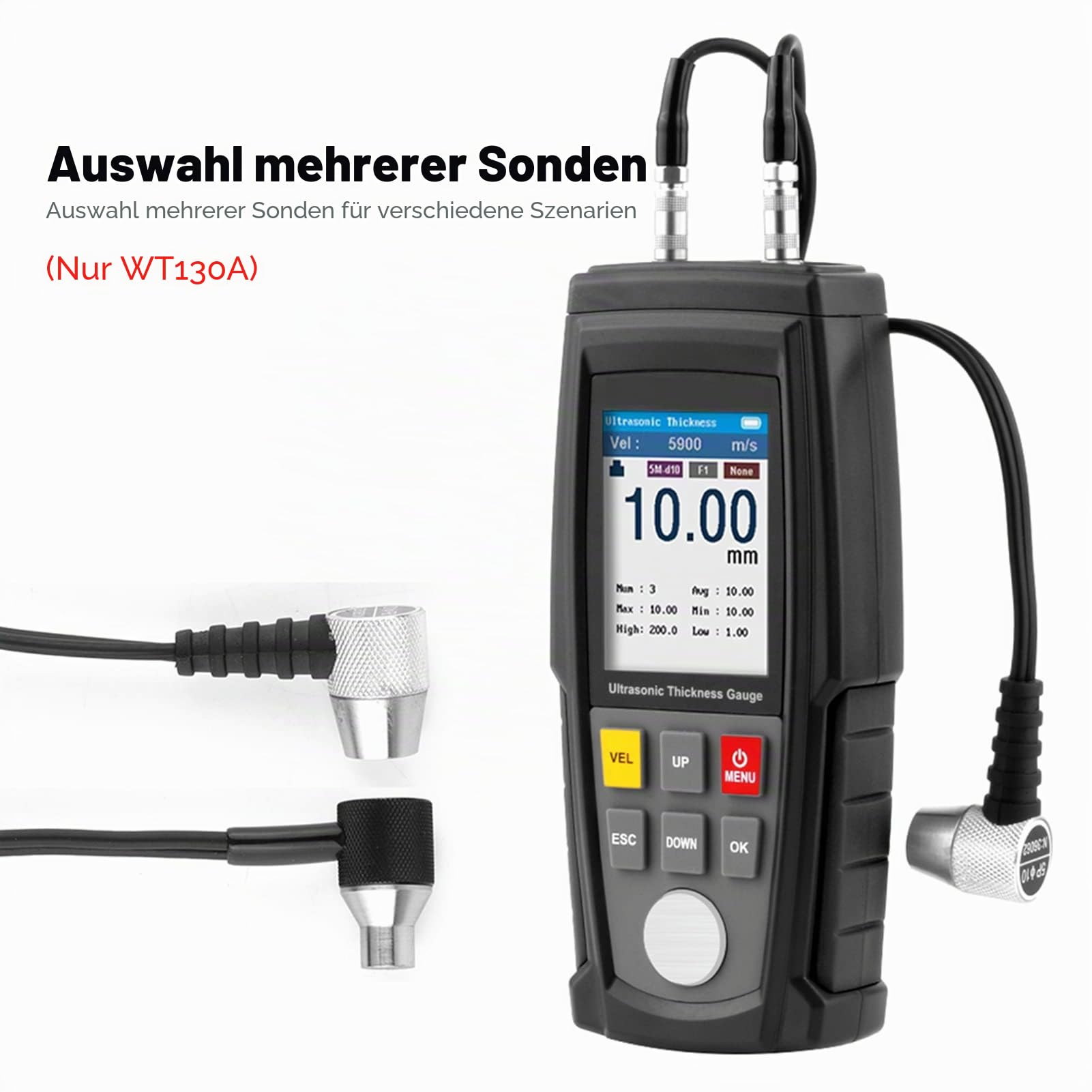 BuyWeek Ultraschall Dickenmessgerät, WT130A Digitales Ultraschall Dickenmessgerät Handheld Ultraschall Dickenmesser 1,00–300,0 mm Messbereich