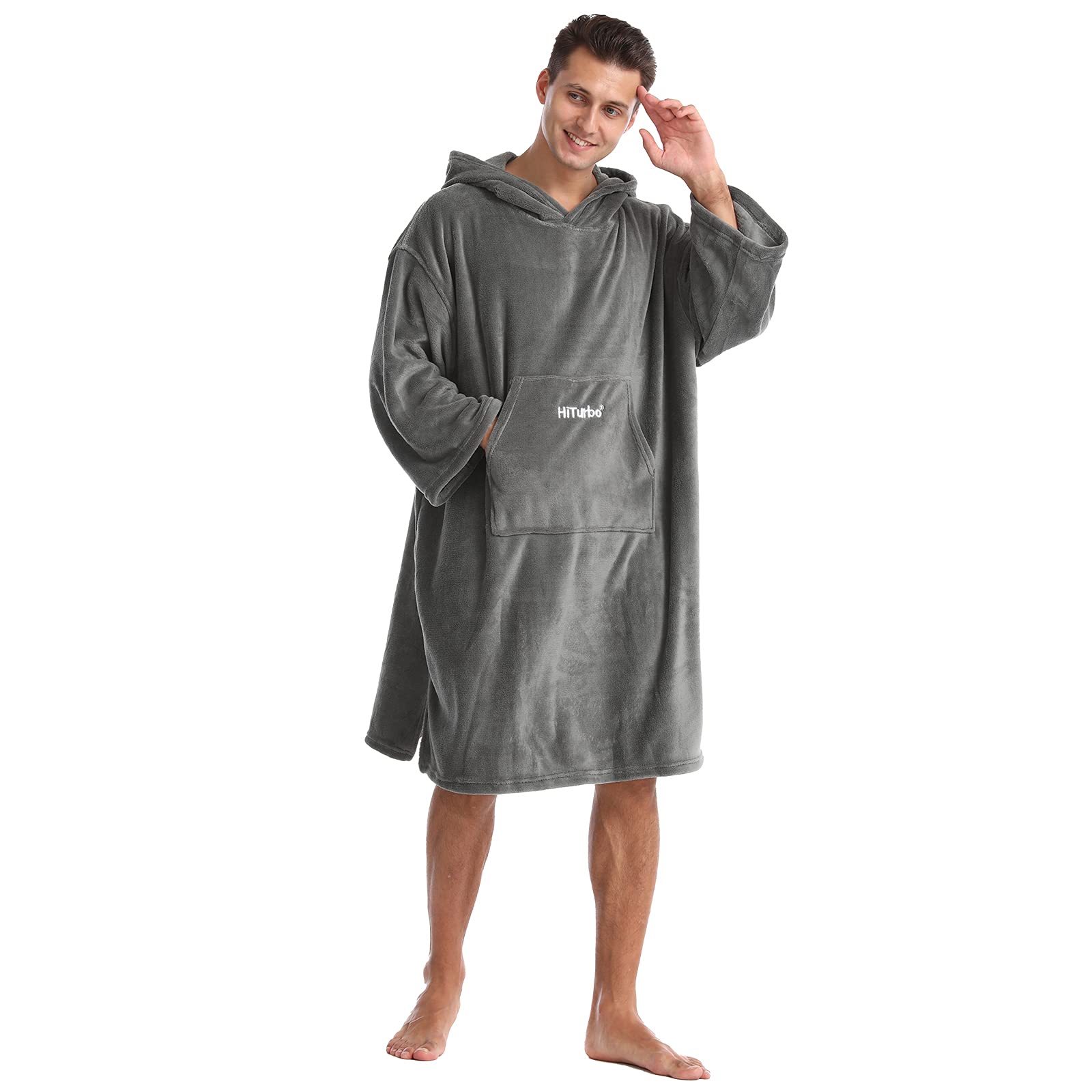 Hiturbo Bademantel, Damen Herren Robe, Unisex, Einheitsgröße, Warmer Weicher Fleece Mogenmantel mit Kaputze, für Strand, Schwimmbad, Zuhause