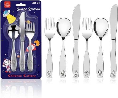 Lehoo Castle Kids Stainless Steel 6PCS Kids Utensils Forks, Spoons and Knives Set, Flatware Set (Space Collection)