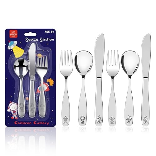 Lehoo Castle Utensilios de comida para niños pequeños, 6 piezas, utensilios de acero inoxidable para niños a partir de 3 años, juego de cuchillos