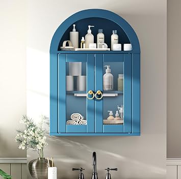 Arched Bathroom Wall Cabinet, Wall Mounted Medicine Cabinet Over The Toilet Cabinet with Glass Doors & Adjustable Shelves, Floating Storage Cabinet for Laundry Room Turquoise Blue
