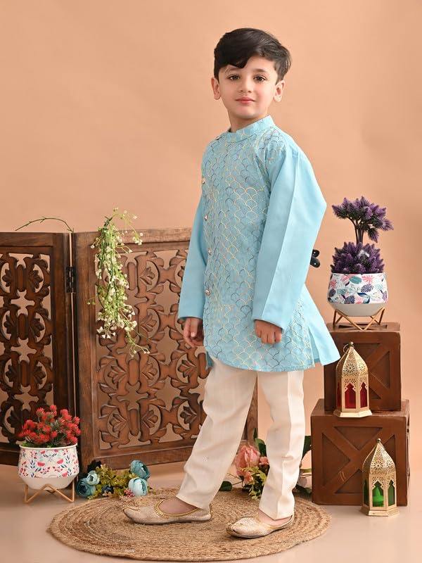 Image of superminis Baby Boys Cotton Side Open Embroidery Kurta and White Pyjama Set
