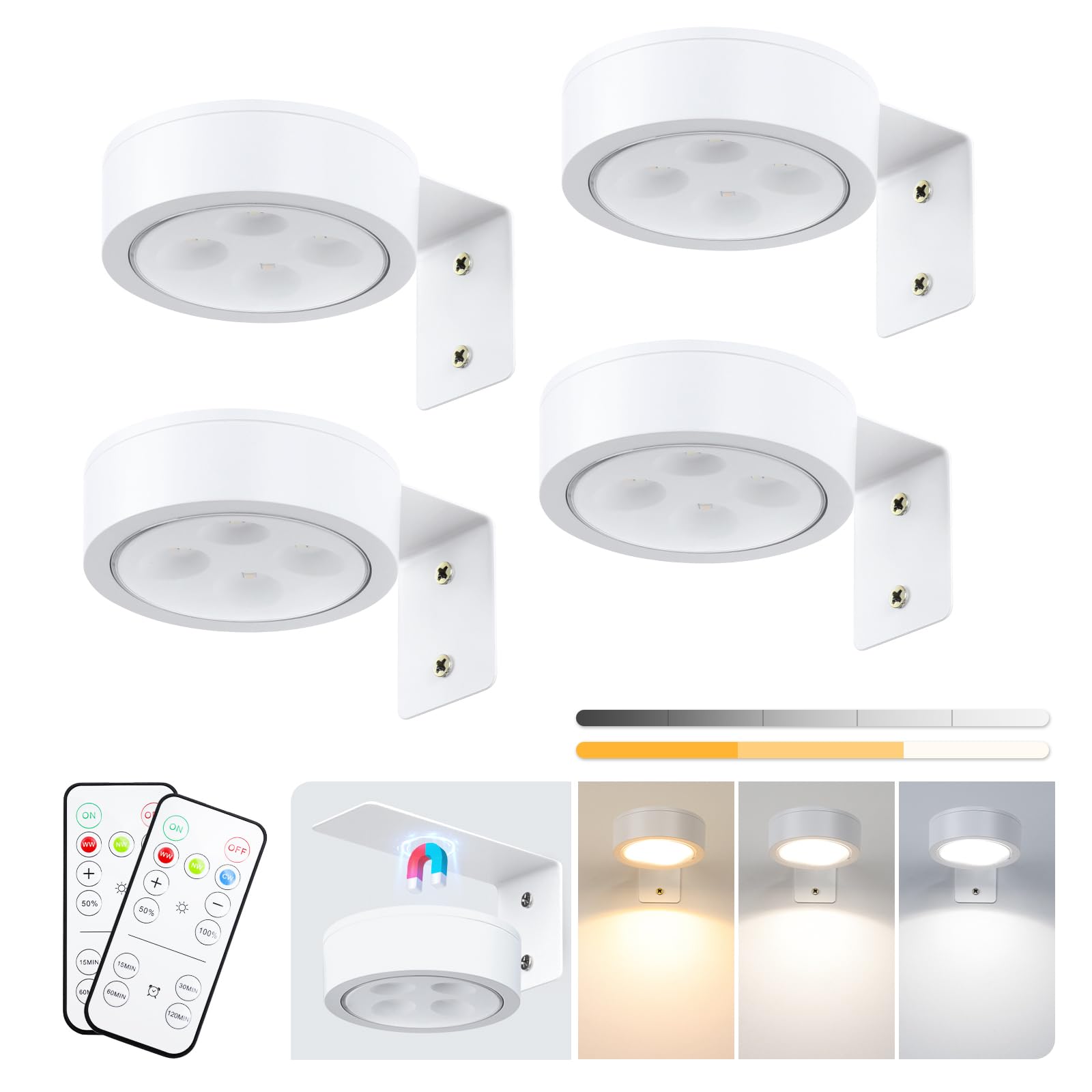 4-Pack Battery Picture Lights, Remote Painting Light for Art Disaplay,Magnetic LED Wall Picture Light, Dimmable & Timer, 3 Lighting Modes Art Display Light for Gallery Dartboard Frame Pictures, White