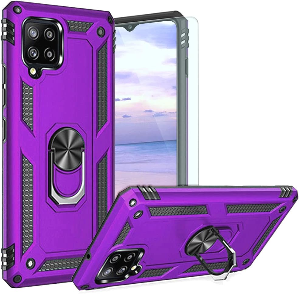 TJS Compatible with Samsung Galaxy A12 Case, with Tempered Glass Screen Protector, Defender Metal Ring Kickstand Magnetic Support Protective Cover Phone Case (Purple)