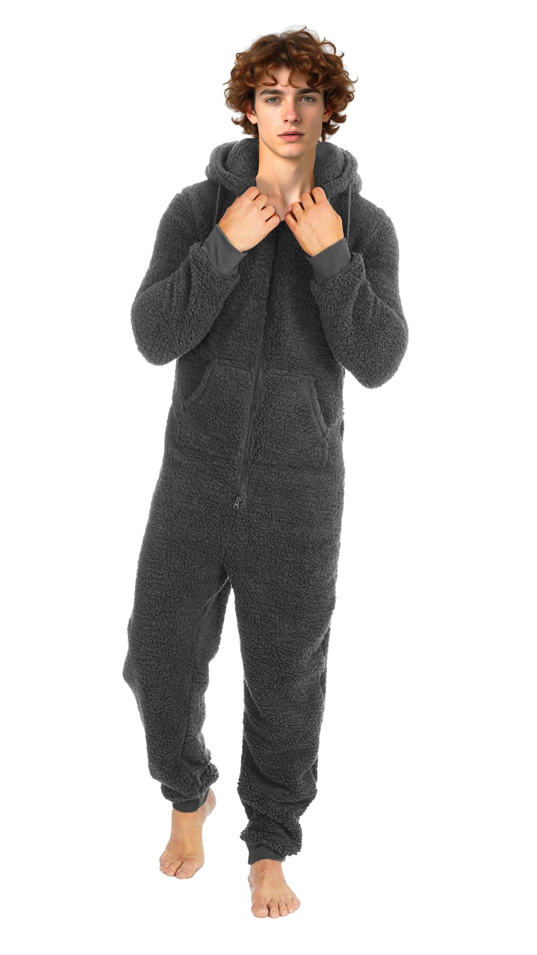 Nikaro Men's Charcoal Hooded Borg Fleece Warm Onesie Warm Snuggle Jumpsuit Stylish Loungewear (L-Xl)