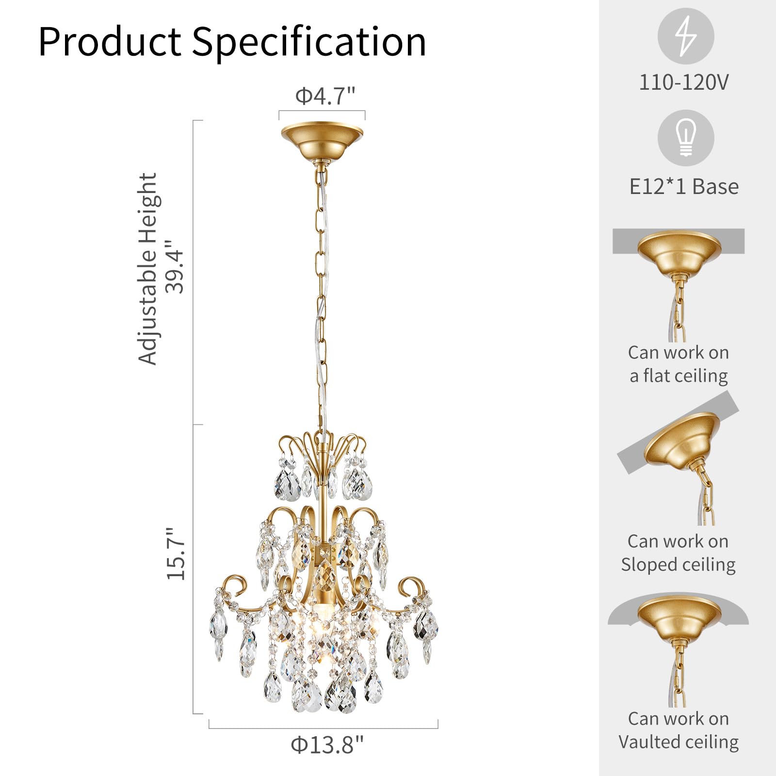 Kryształowy żyrandol 1 światło lampa sufitowa wisząca E14 złoty 39,9 cm x 35 cm