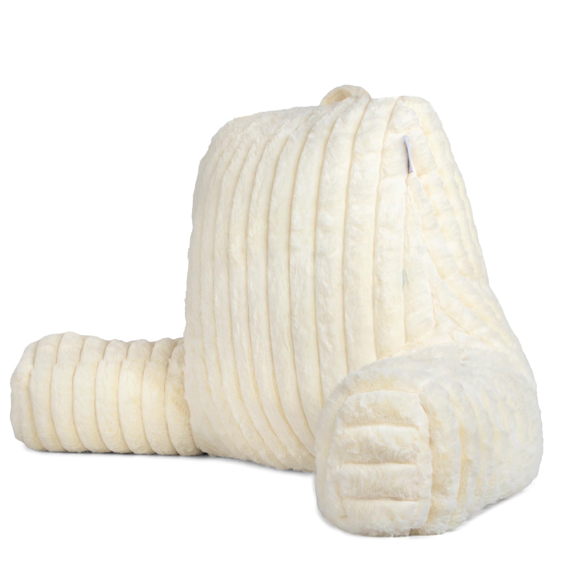 Aamira Cream Faux Fur Ribbed Reading Pillow, Large Shredded Memory Foam Backrest Cuddle Cushion With Arms & Back Pocket, Ideal For Back Support, Bed, Reading Or Gaming Cushion