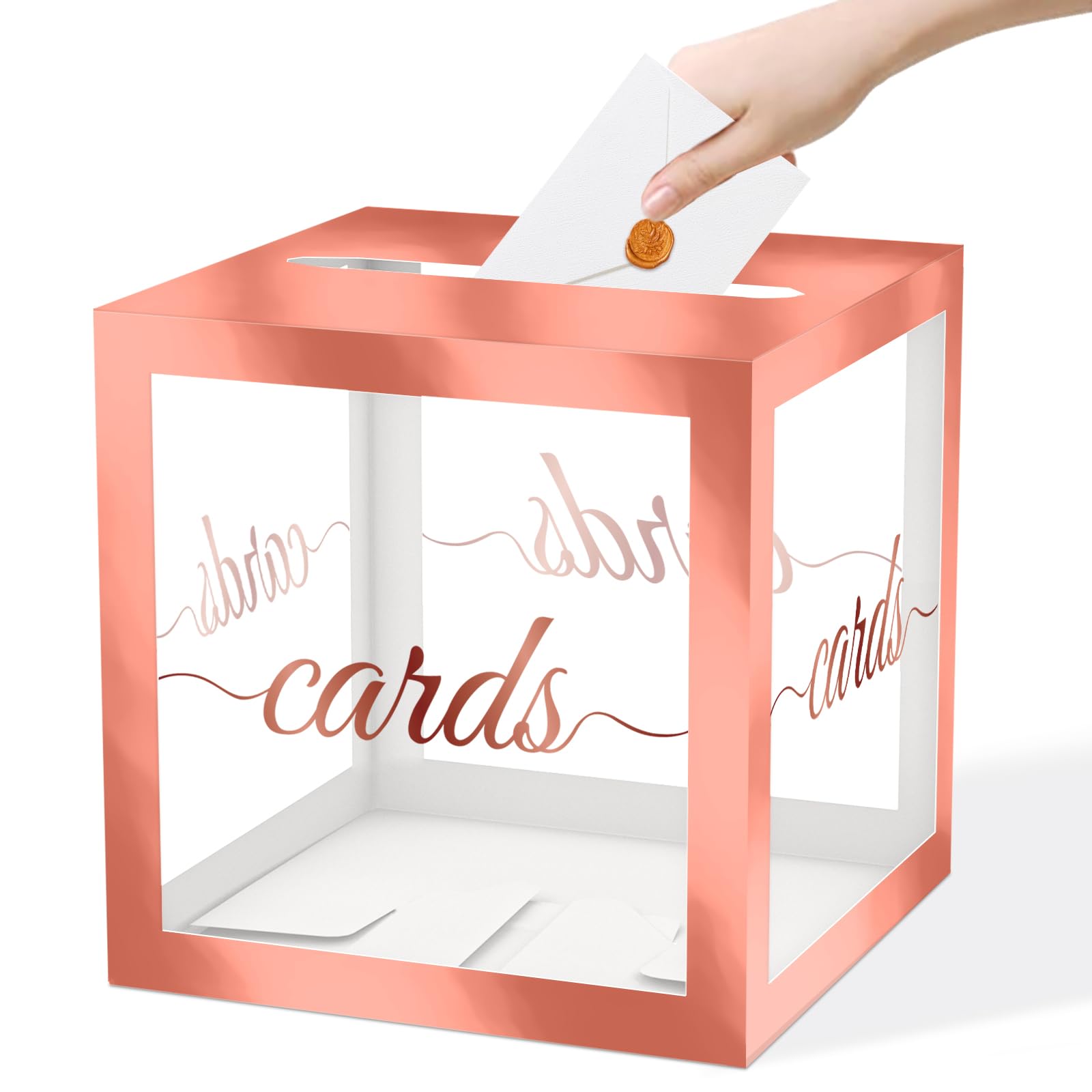 QISOLIY Rose Gold Clear Gold Card Box for Party 8.7" Wedding Card Boxes for Reception Holder Money Box for Birthday, Baby Shower, Bridal Shower, Graduation, Retirement, Anniversaries Party Decoration