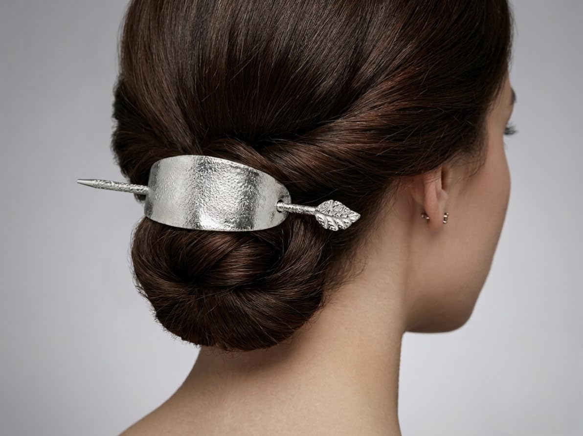 Metallic Hair Bun Cuff with Leaf Detail Hair Stick Pin, Silver | Anti-Tarnish Finish, Curved Cuff Design, Secure Hold, Formal & Casual Use, Hair Slider Style-image-48