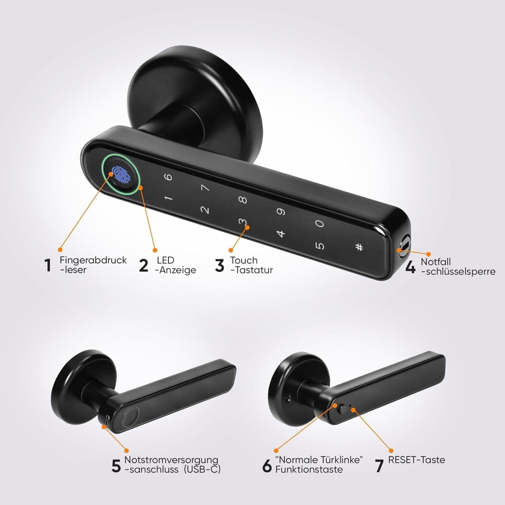 Türgriff Mit Fingerprint Elektrisches Türschloss mit Touch-Tastatur und SMART-Funktion Elektronisches Türschloss USB-C-Notstrom Bluetooth 5.0 Schwarz