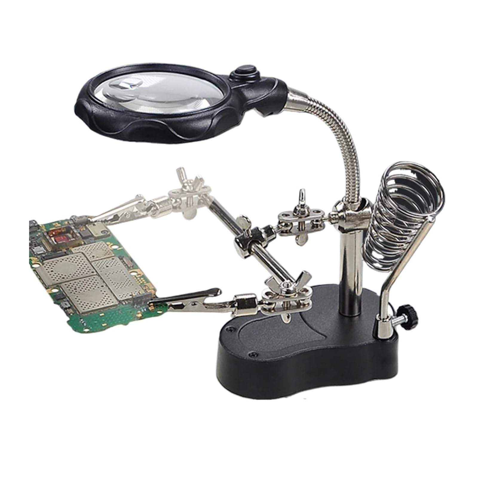 Saldatura Terza Mano Strumento, Lente d'Ingrandimento 3,5X 12X, Supporto for Saldatore Helping Hands con 2 Morsetti a Coccodrillo e Torcia USB