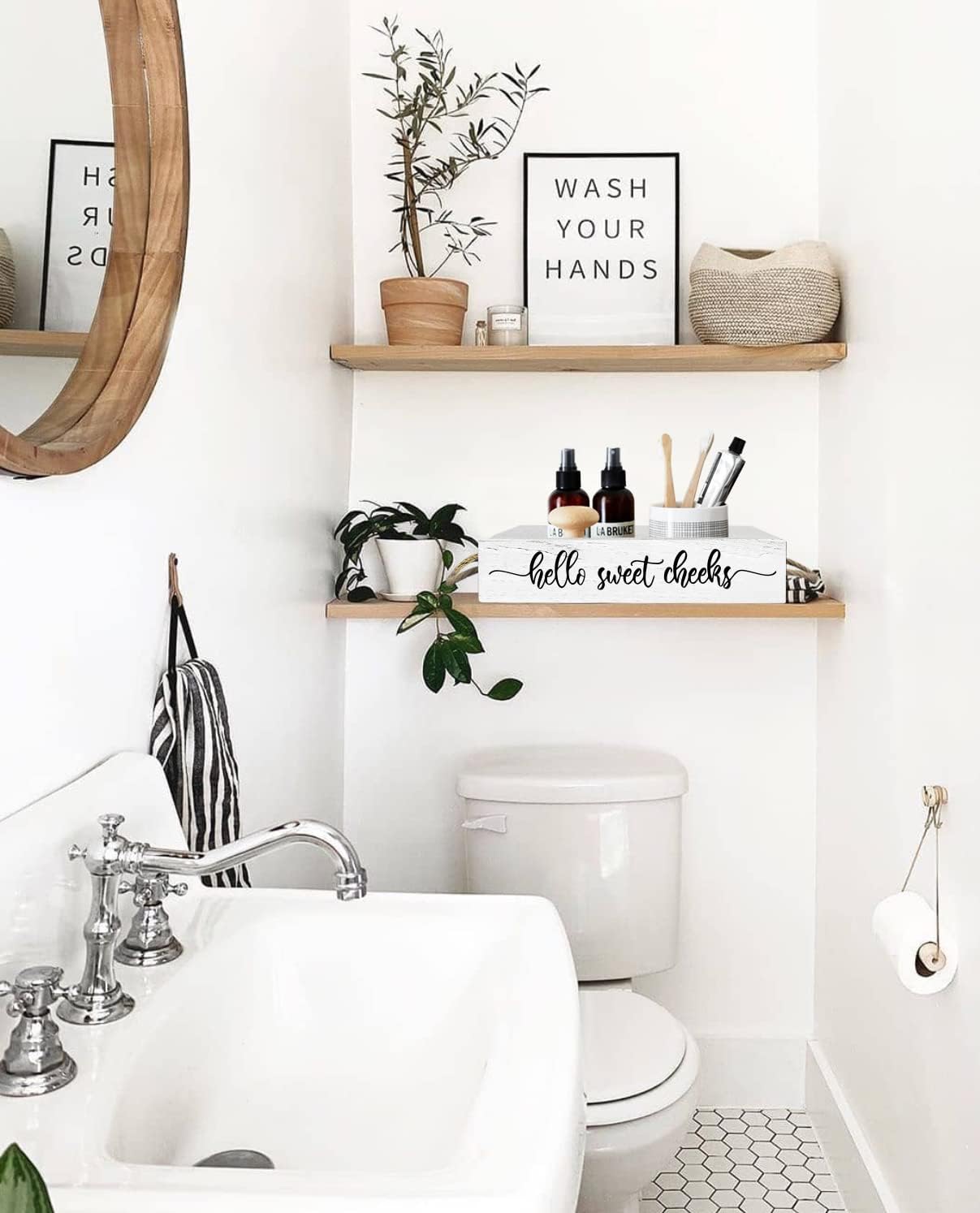 PZJIEAN Funny 2 Sides Hello Sweet Cheeks White Bathroom Decor Box with Handle, Farmhouse Bathroom Decor Box for Toilet Paper, Back of Toilet Organizer