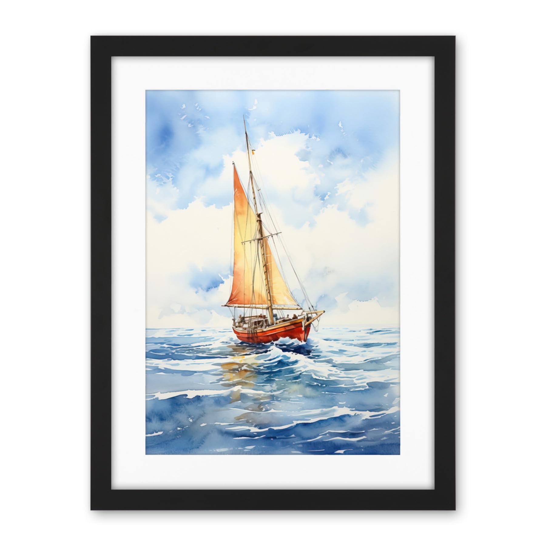 Artery8 Orange Sailing Boat Watercolour Painting Bathroom Artwork Sail at Sea Seascape Artwork Framed Wall Art Print 18X24 Inch