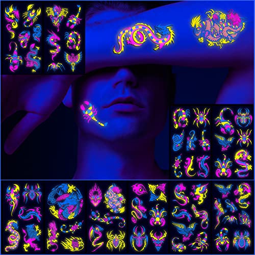 Neon Temporary Tattoos Glow In The Uv Neon Tattoos Stickers 61 Glitter Styles Dragon Scorpion Spider Cool Fake Waterproof Tattoos For Men Women Party Decoration #TOP1