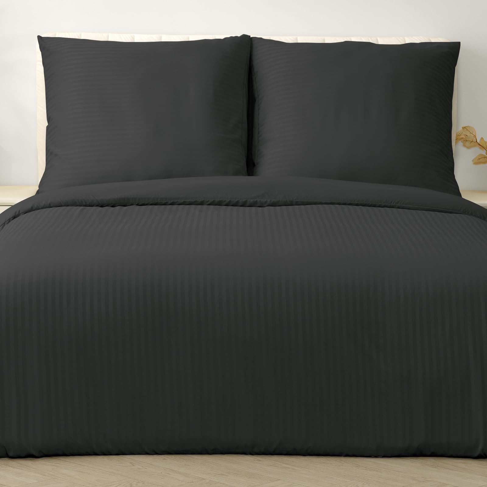 Good Nite Funda Nordica Cama 200x200cm y de Almohada 80x80cm Juego de Cama Casal Funda Nórdica de Rayas Microfibra Funda Nórdica con Cremallera(Negro,200x200cm+80x80cm*2)