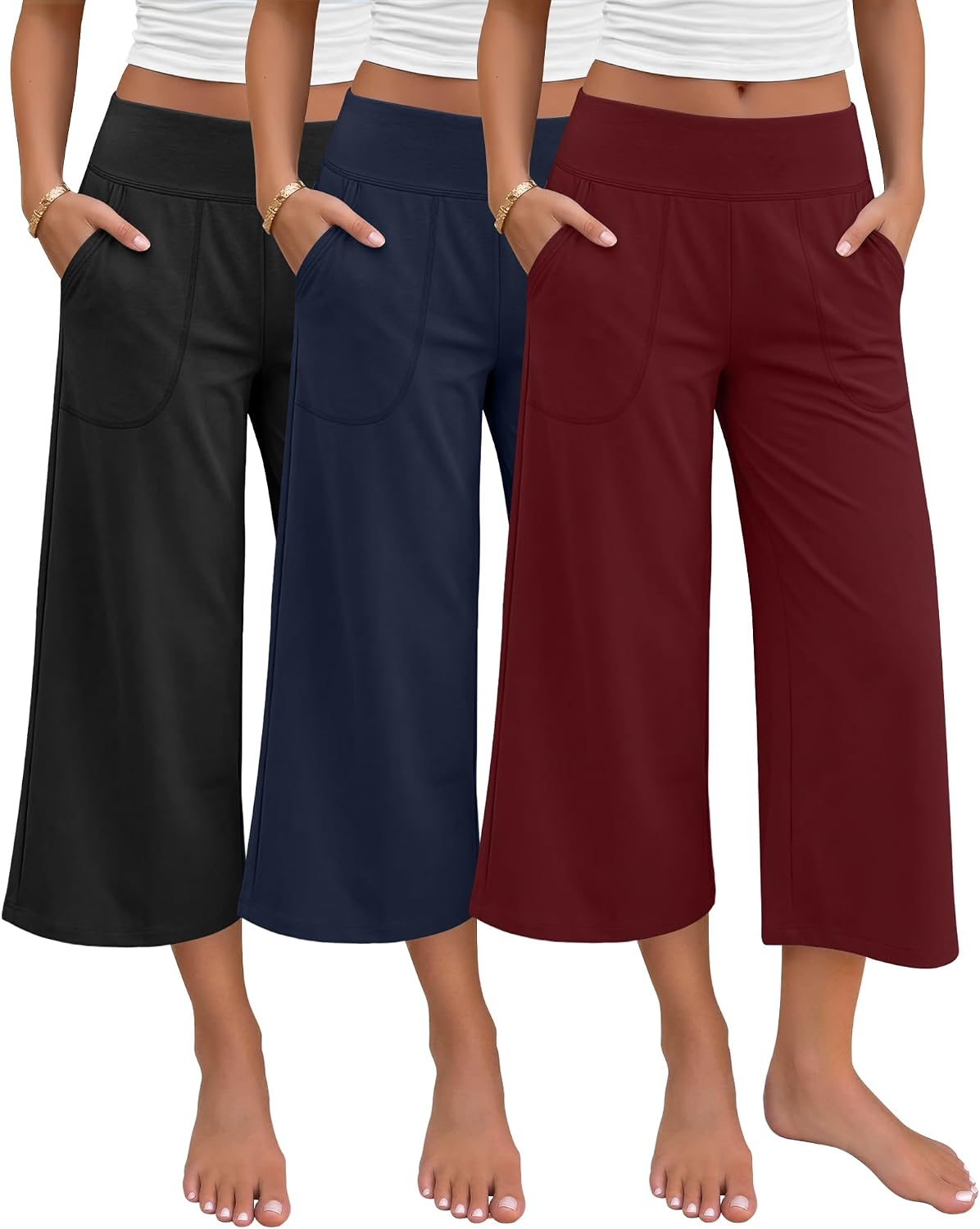 Neer 3 Pack Women's Yoga Wide Leg Capris Elastic Waist Loose 3/4 Length Sweatpants Summer Casual Cropped Pants with Pockets