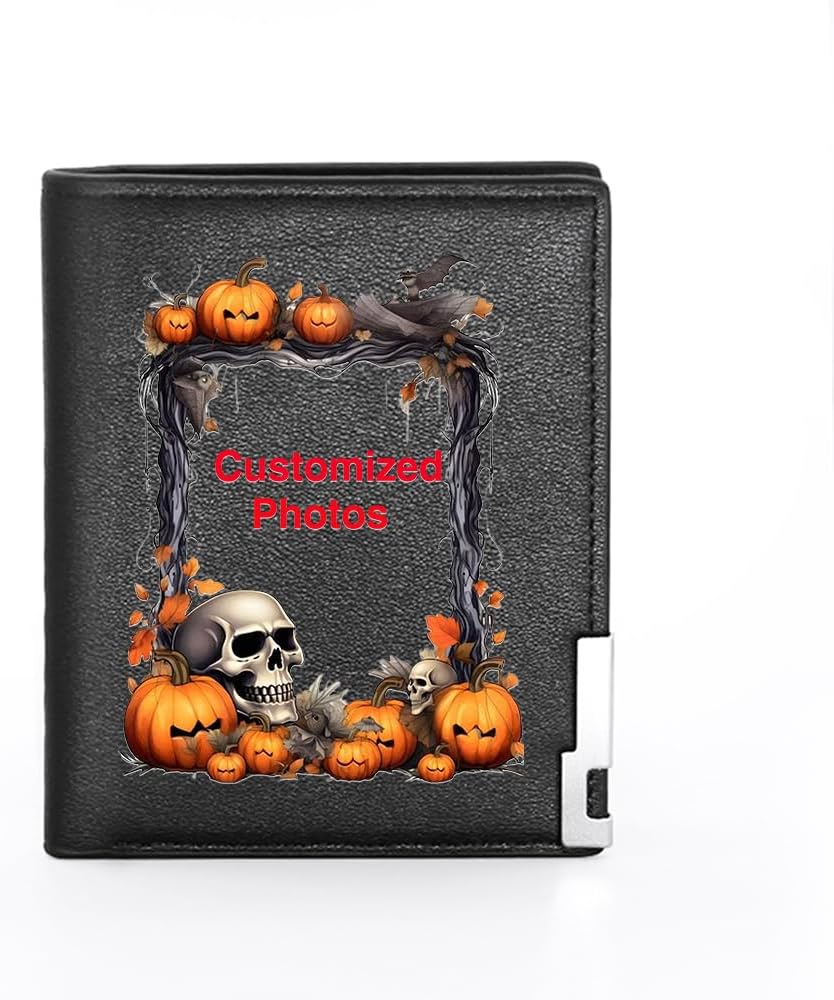 Personalized Custom Photo Wallet for Men, Black Leather Bi-Fold with Halloween Skull Pumpkin Design, 3.74x4.57 Inches