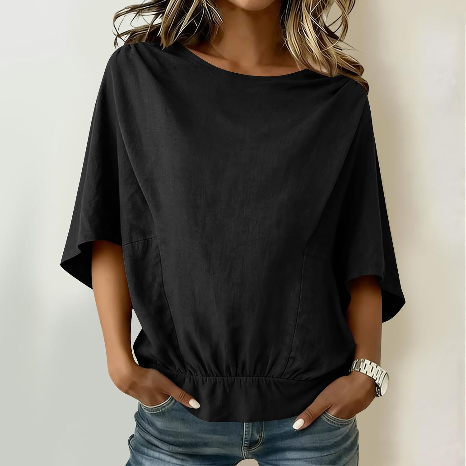 Linen Shirts for Women 3/4 Sleeve Casual Loose Fit Cotton Blouses Summer Beach Cute Tops Vacation Holiday Outfits