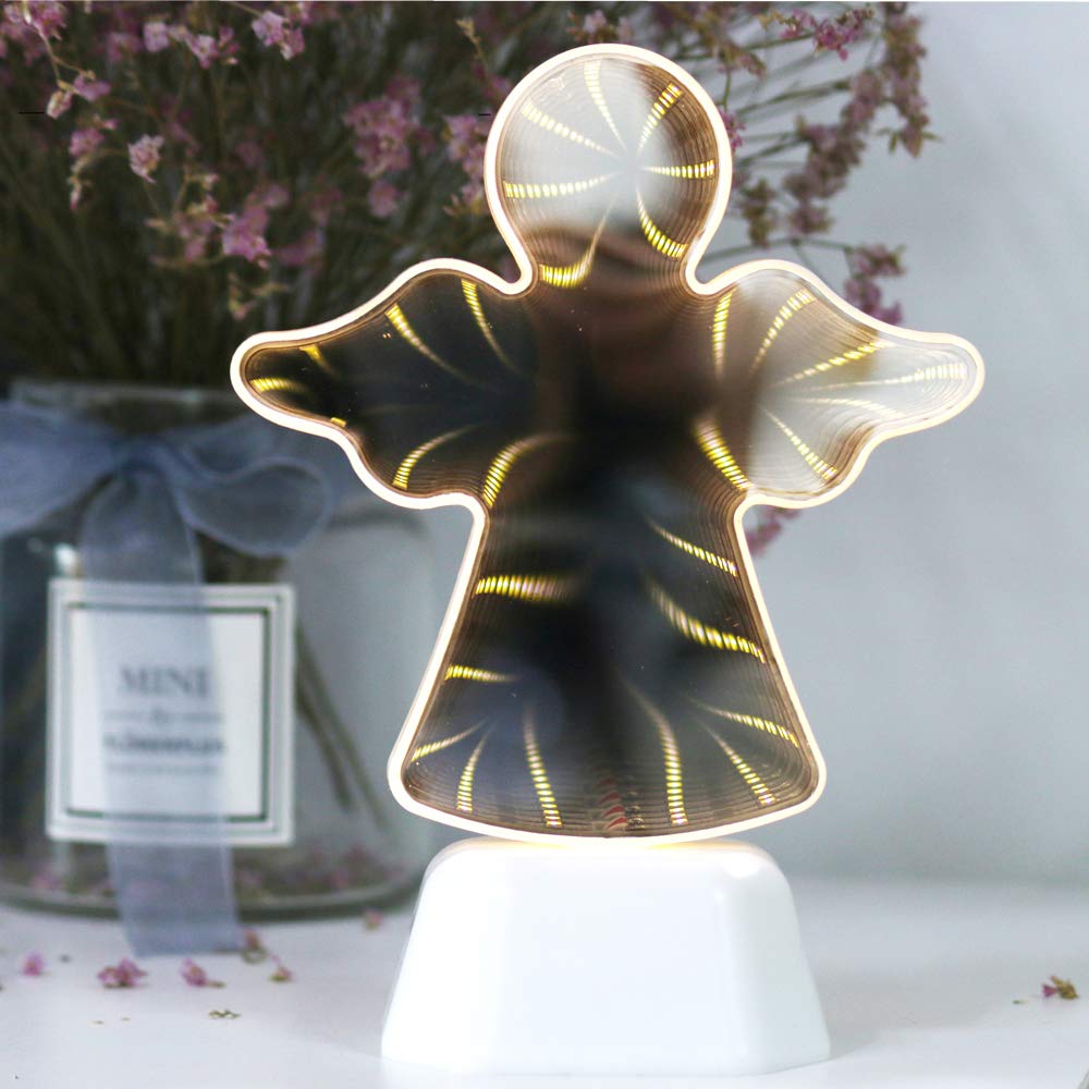 Half & Half double sided Mirror Tunnel Light 3D infinite mirror light, LED Flamingo Cactus Stars Heart Unicorn SIGN Tunnel Mirror Light Party Home Decor (Angel)