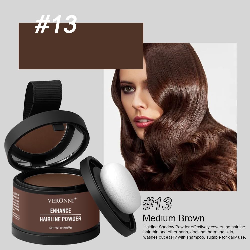 2Pcs Hairline Powder with Brush Hair Shadow Root Touch Up Powder Set for Thinning Hair Gray Hair Coverage Hairline Concealer for Women (#13-Medium Brown)