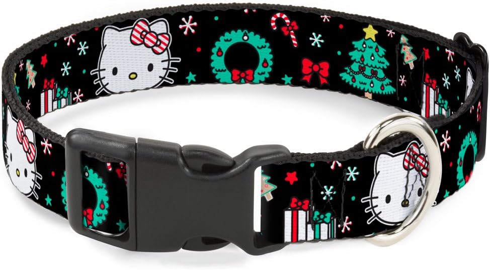 Buckle-Down "Hello Kitty Face/Christmas Elements Black/Green/Red/White" Plastic Clip Collar, 1.5" x 18-32"/Large