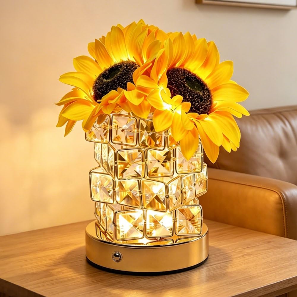 RNPKZ Sunflower Flower Lamp, Cordless Sunflower Lamp with Crystal Base, Rechargeable 3-Color Stepless Dimming Sunflower Table Lamp, LED Sunflower Night Light for Bedroom, Living Room Decoration