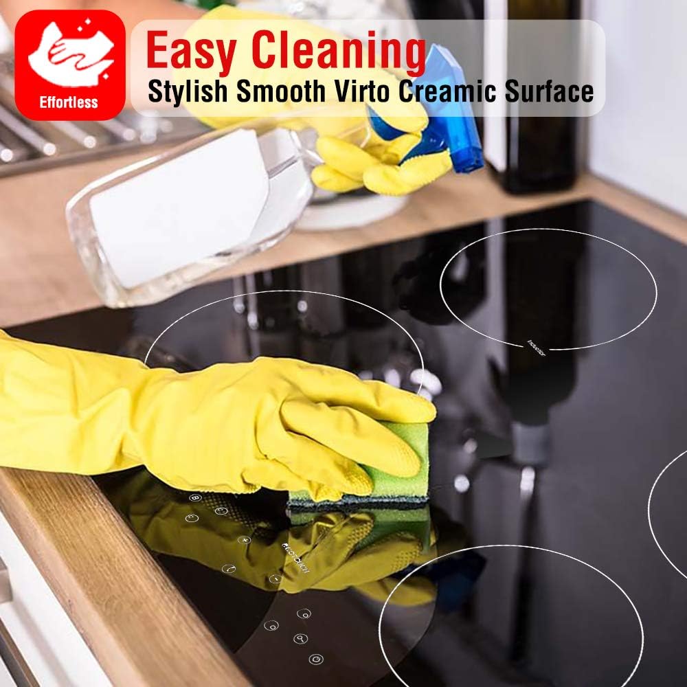 Hands in yellow gloves cleaning the black glass ceramic surface of the ECOTOUCH induction cooktop with a sponge and cleaning spray, indicating 'Easy Cleaning'.