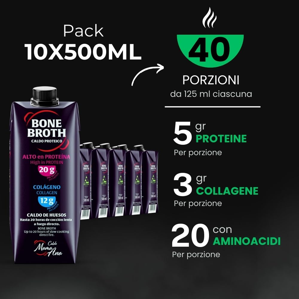 Brodo di Ossa Premium | Prodotto con Ossa di Manzo | Arricchito con Pollo, Maiale Iberico e 6 Verdure | Collagene, Proteine e Acido ialuronico | Bone Broth Naturale al 100% | 10x500ml | Mama Ana