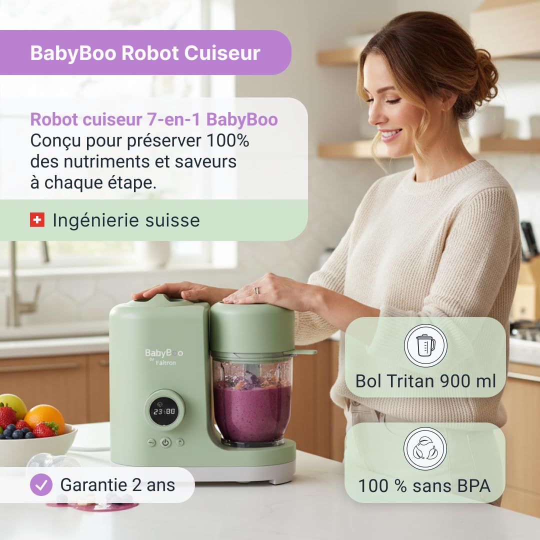 BabyBoo Robot Pappa 7-en-1 – Cuisson à la vapeur et mixage en 20 minutes, puissance 300 W, chauffe-biberon et stérilisateur, verre en Tritan, panier en acier inoxydable, écran digital