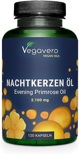 Evening Primrose Oil 11% GLA | 2100 mg Dosis Diaria | Aceite de Onagra | Acné + Eczema + Menopausia | Prensado en Frío | Sin Aditivos y Vegano | Vegavero®