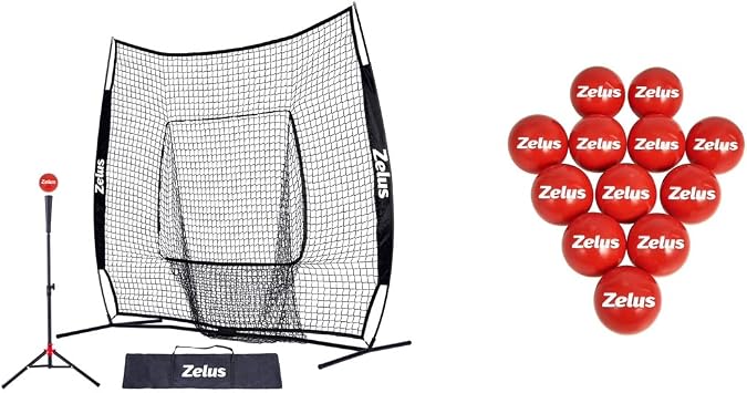 ZELUS 7x7ft Baseball Softball Practice Net with Training Balls 2.8-Inch 1 lb Weight Ball Set of 12