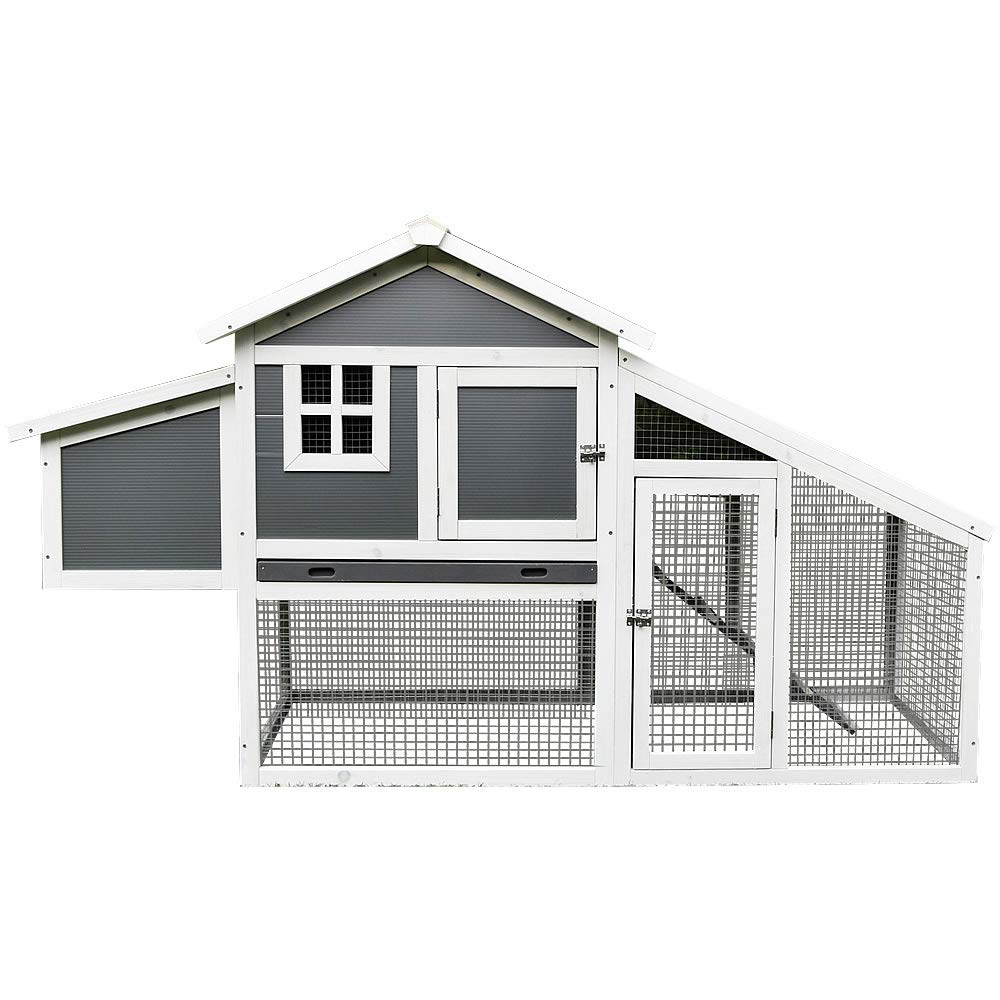 Melko Hühnerstall Hühnerhaus mit Auslauf und Legenest 176x102x66 cm Grau | wetterfestes Wellplatten-Dach, herausnehmbare Zinkblech-Schublade, fuchssicheres verzinktes Gitter, Fenster und Holzrampe